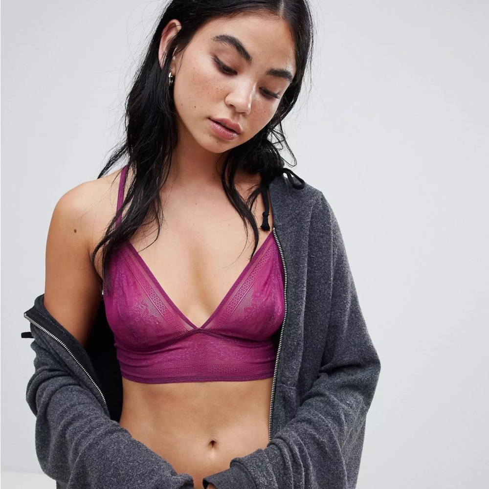 Purple lace cross back bra panty set